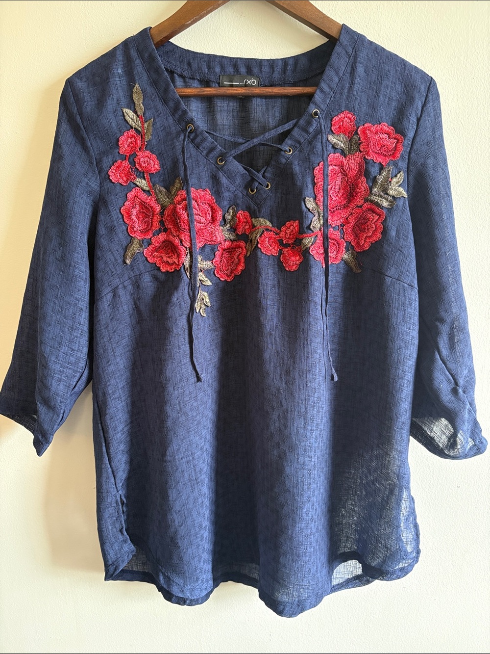 RXB Navy Blue Embroidered Floral Lace-Up Boho Peasant Blouse Size Large